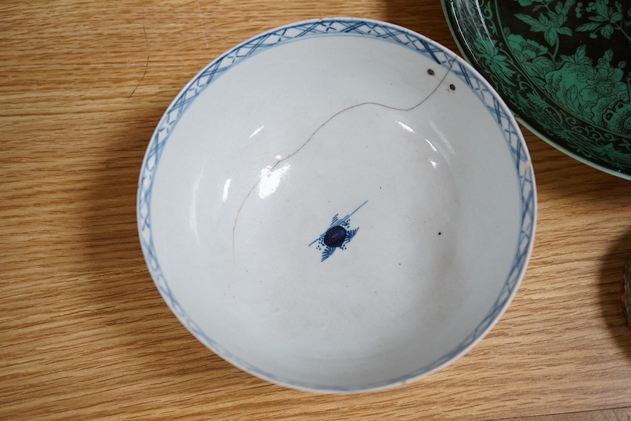 Chinese porcelain to include a famille noire dish and Imari bowl together with an 18th century English blue and white slop bowl, largest 27cm in diameter. Condition - varies